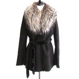 Designer Thes & Thes Italy Black Shearling Fox Fur Collar Belted Jacket Med